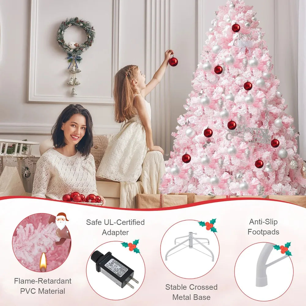 6FT Pink Artificial Christmas Tree Pre-lit Hinged Snow Flocked Tree