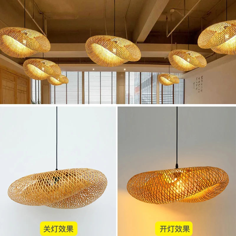 ZK40 Handmade Bamboo Straw Hat Shape Chandelier Bamboo Lamp Shade E27 Ceiling Rattan Home Bedroom Decorative Lamp