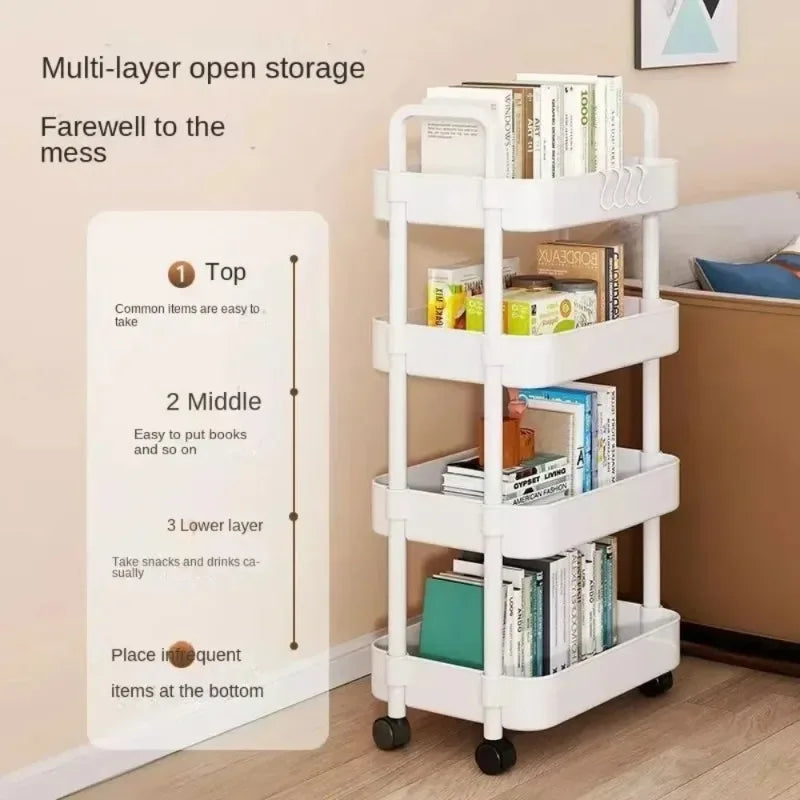 Home kitchen bathroom small cart storage rack, multi-layer snack book, movable with wheels, floor standing storage rack