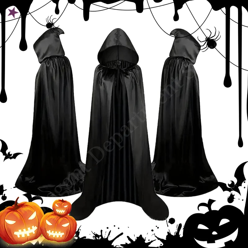 1PC Halloween Cloak Hooded Witch Cape Soft Black Robe Unisex Cosplay Costume Party Carnival Masquerade Decoration Supplies