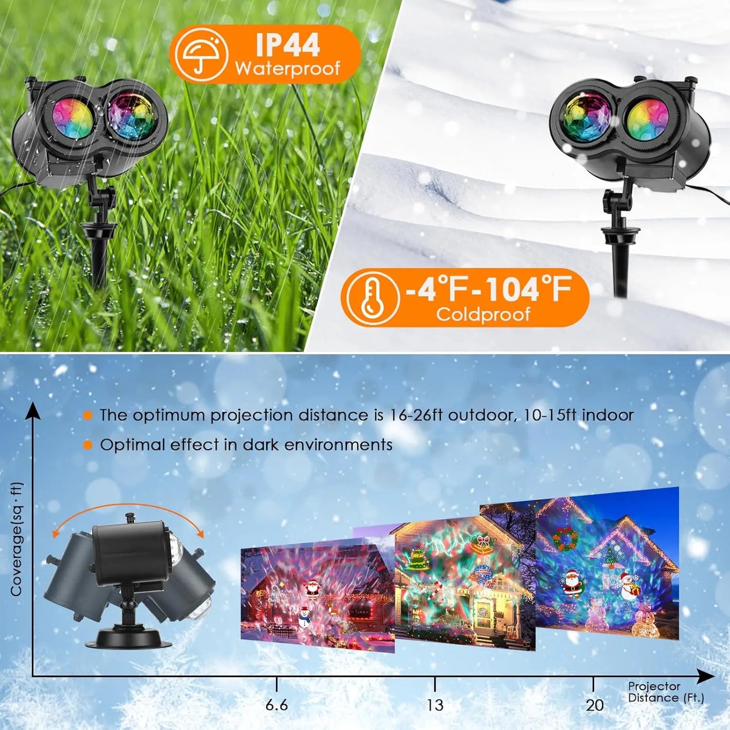Halloween Christmas Projector Lights Outdoor 16 HD Slides, 2 in 1 Water Wave Lamp with Color Patterns, Timer & Remote for Party