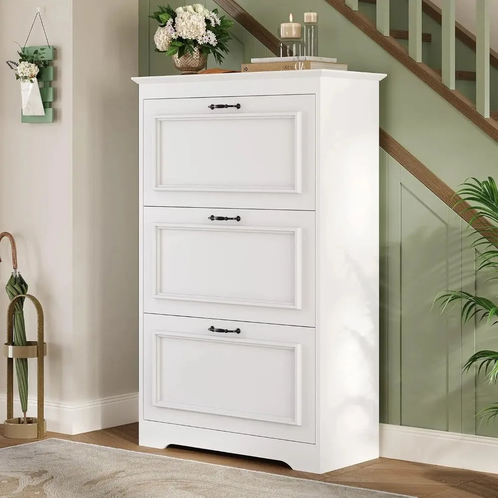 PCS Shoe Cabinet with 3 Flip Drawers, Shoe Storage Cabinet with Metal Flip Stand, Back Dust Plate, Hidden Shoe Rack Cabinet, Fre