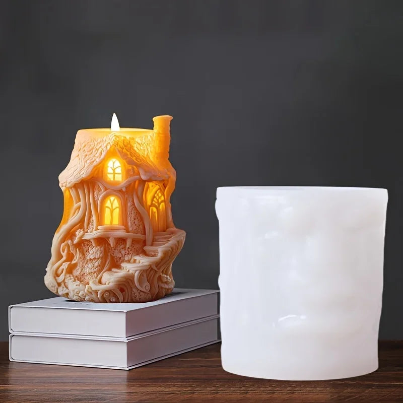 Magic House Relief Cylinder Candle Silicone Mold Halloween Gift Magic Elf Castle Cylinder Resin Mould Devil House Gypsum Molds