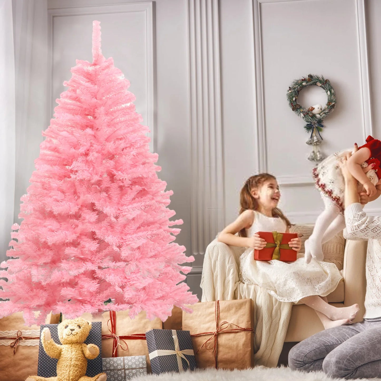 1.8m/6ft Pink/White Artificial Christmas Pine Tree Seasonal Holiday Carnival Decoration for Office, Party, Indoor,Outdoor