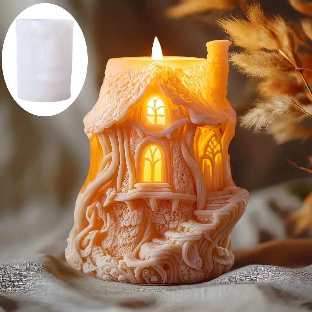 Magic House Relief Cylinder Candle Silicone Mold Halloween Gift Magic Elf Castle Cylinder Resin Mould Devil House Gypsum Molds