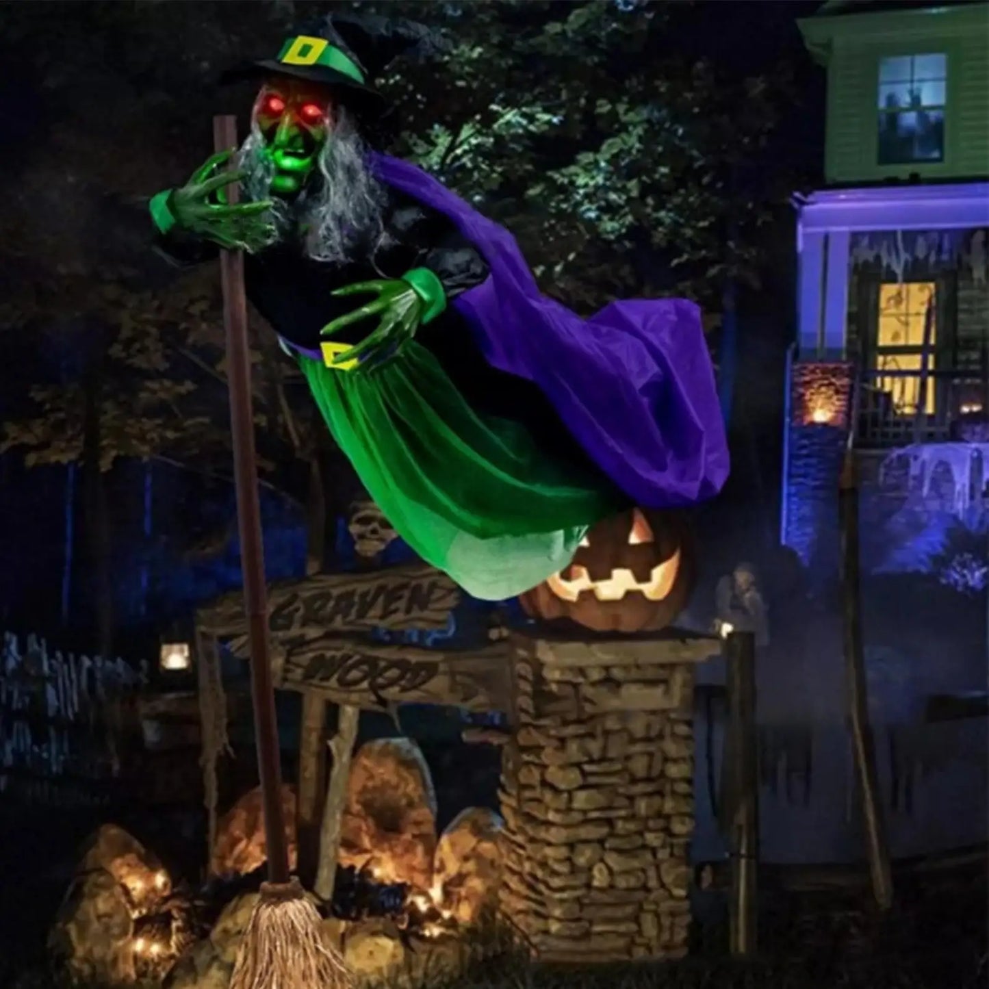 Flying Witch Decorations with Luminous Eyes Halloween Flying Witch on Broom Decor Animatronic Flying Witch for Indoor Outdoor