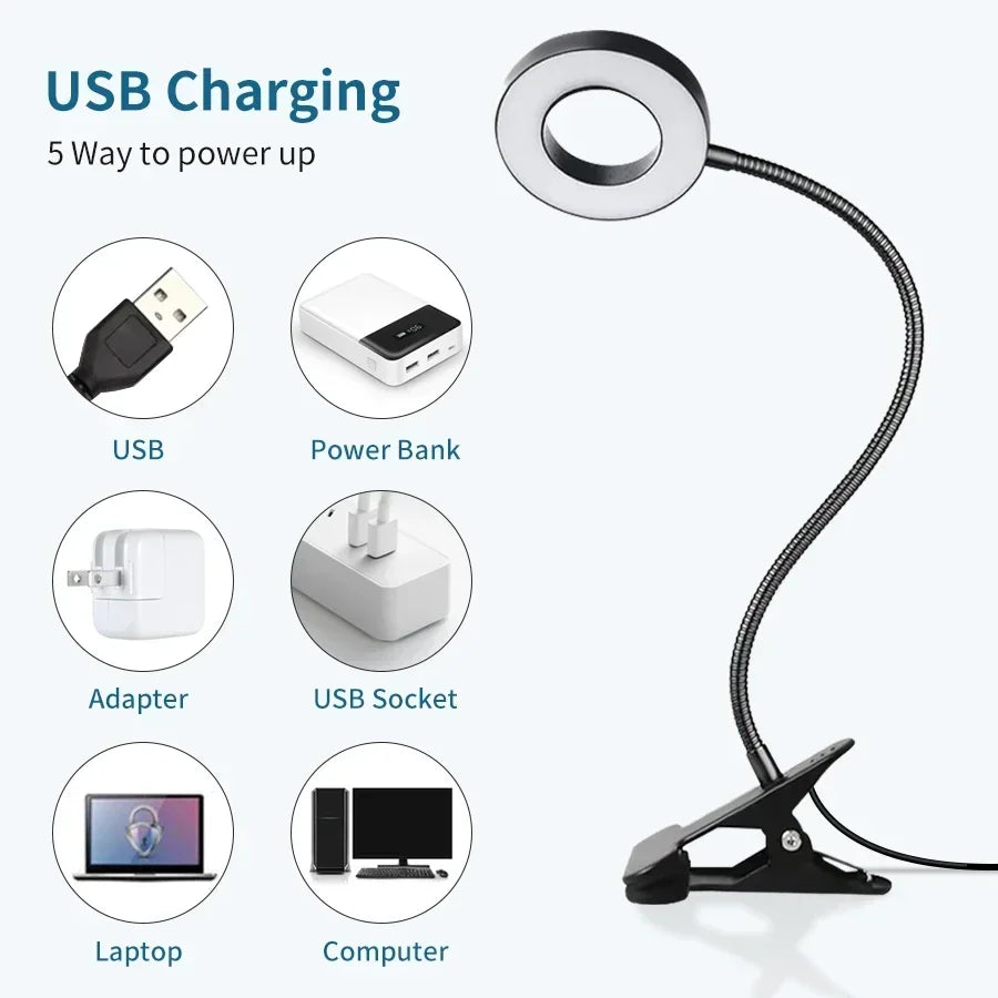 LED Desk Clip Study Lamp USB 3 Colours Adjustable Bedside Desk Night Lamp Multi-purpose Flexible Black Reading Lights