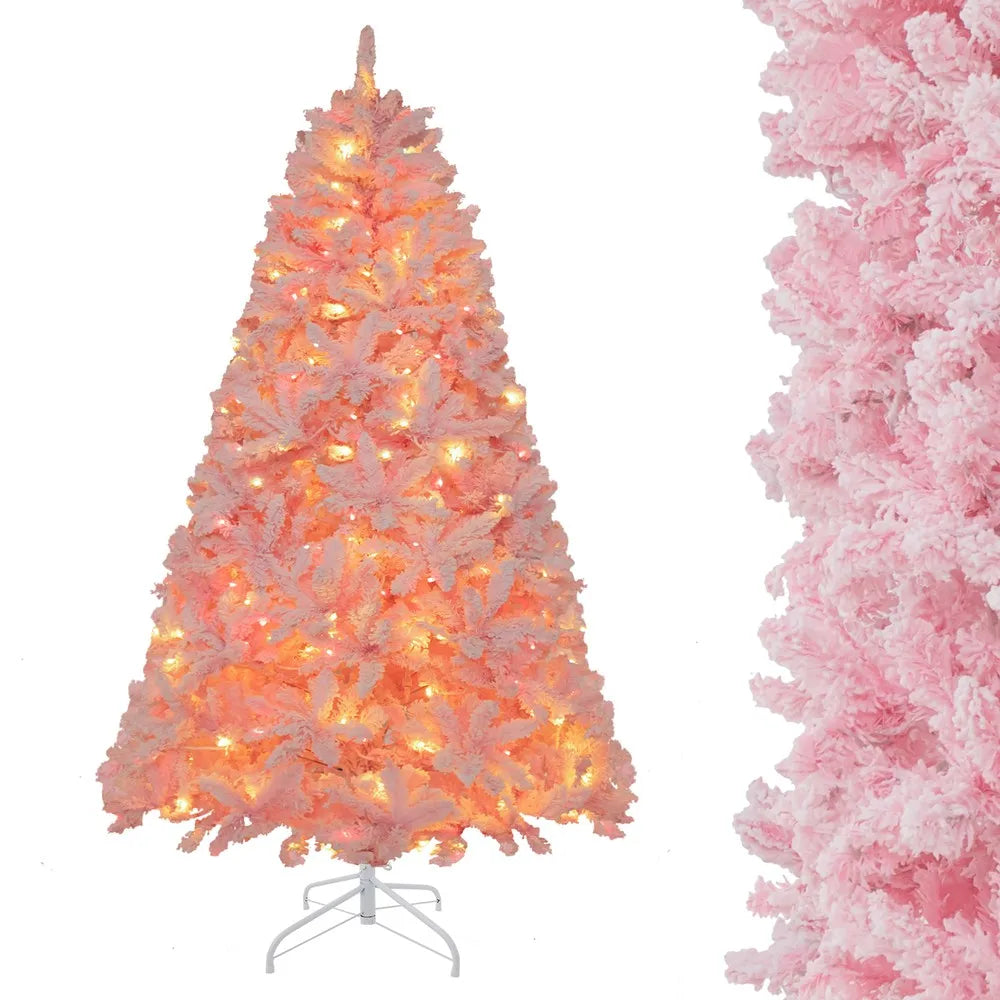 6FT Pink Artificial Christmas Tree Pre-lit Hinged Snow Flocked Tree
