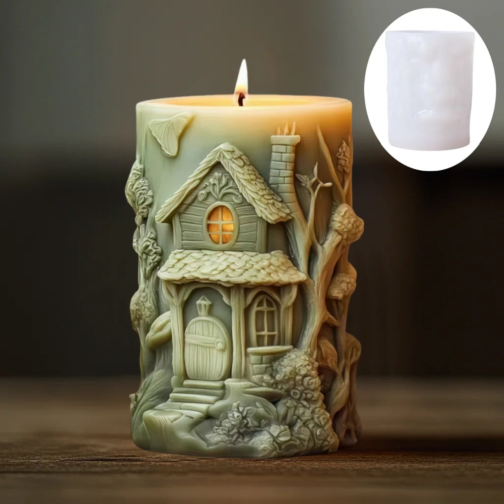 Magic House Relief Cylinder Candle Silicone Mold Halloween Gift Magic Elf Castle Cylinder Resin Mould Devil House Gypsum Molds