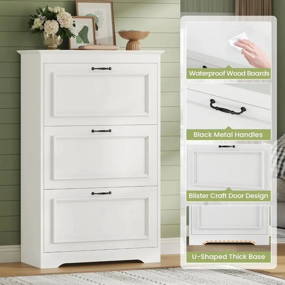 PCS Shoe Cabinet with 3 Flip Drawers, Shoe Storage Cabinet with Metal Flip Stand, Back Dust Plate, Hidden Shoe Rack Cabinet, Fre