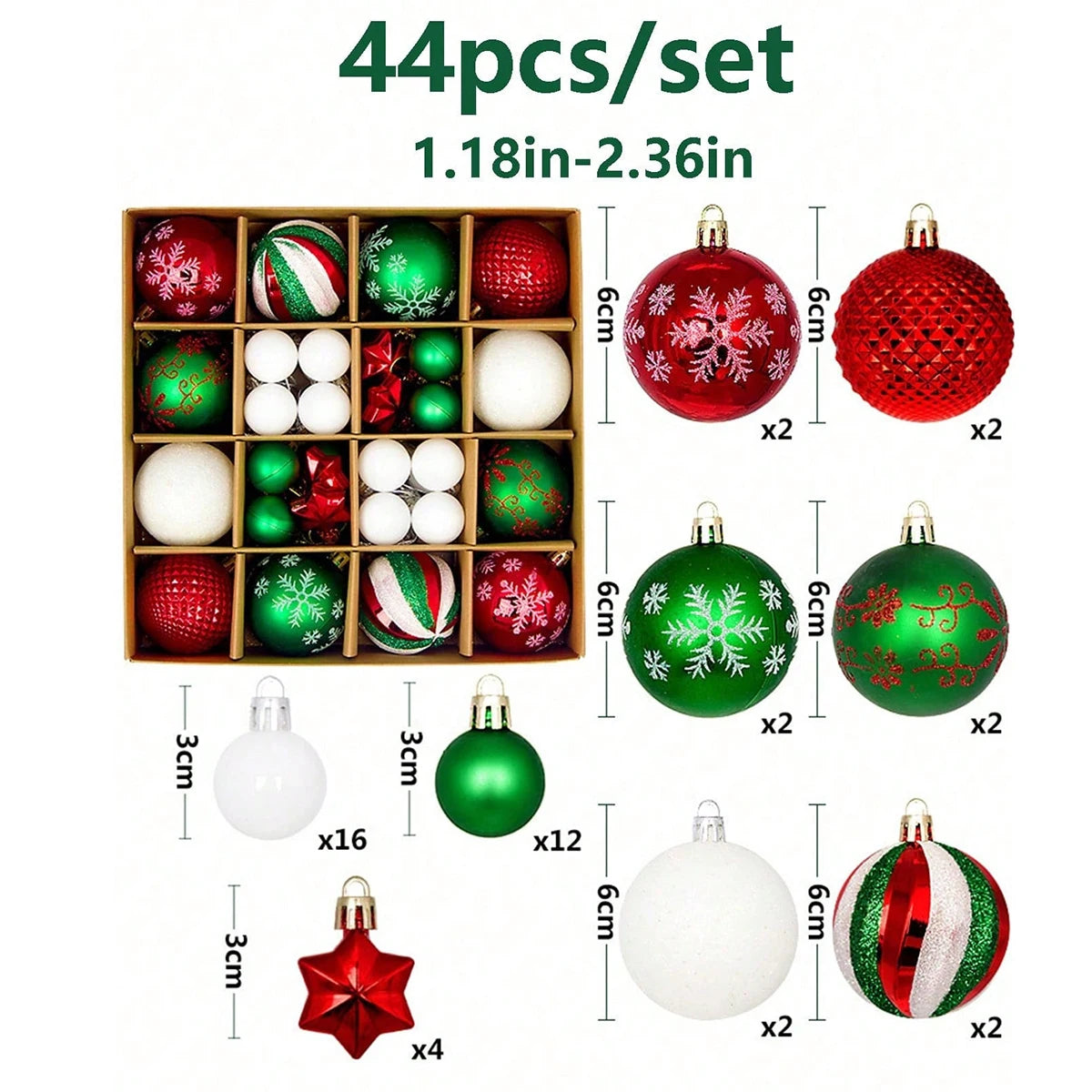 44pcs Christmas tree hanging balls red, green and white glittering Christmas decorations Christmas ball painted ornaments
