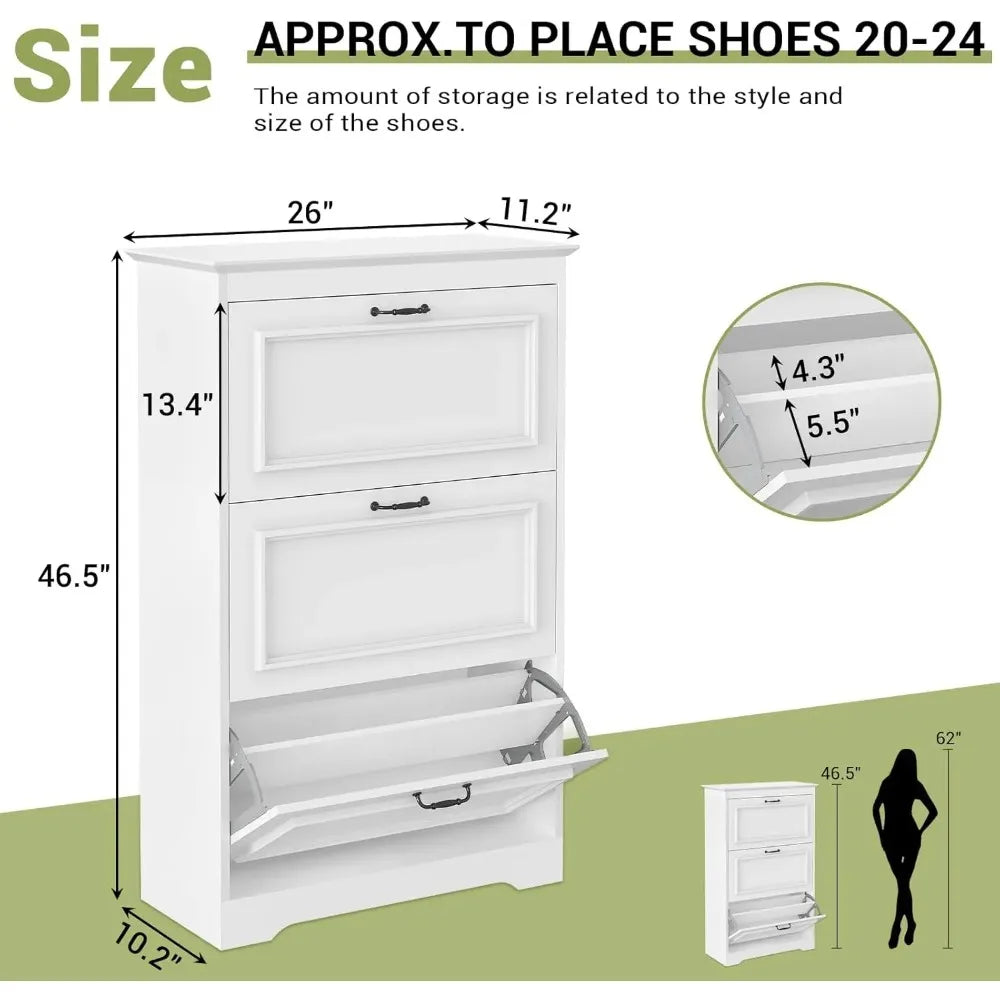 PCS Shoe Cabinet with 3 Flip Drawers, Shoe Storage Cabinet with Metal Flip Stand, Back Dust Plate, Hidden Shoe Rack Cabinet, Fre