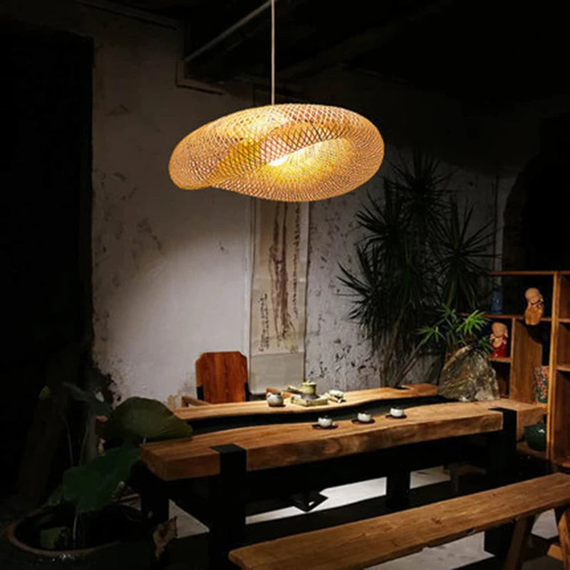 ZK40 Handmade Bamboo Straw Hat Shape Chandelier Bamboo Lamp Shade E27 Ceiling Rattan Home Bedroom Decorative Lamp