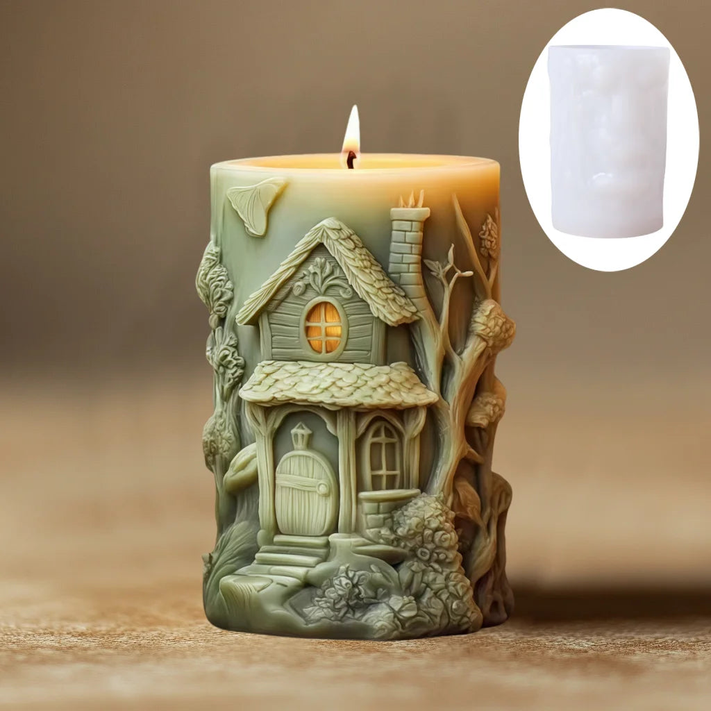 Magic House Relief Cylinder Candle Silicone Mold Halloween Gift Magic Elf Castle Cylinder Resin Mould Devil House Gypsum Molds
