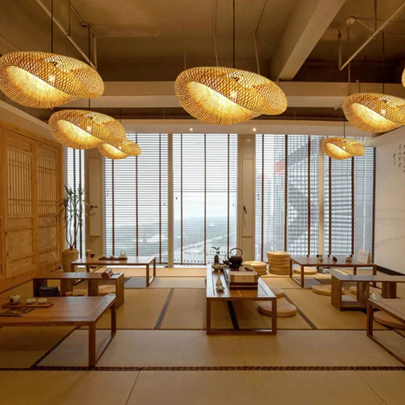 ZK40 Handmade Bamboo Straw Hat Shape Chandelier Bamboo Lamp Shade E27 Ceiling Rattan Home Bedroom Decorative Lamp