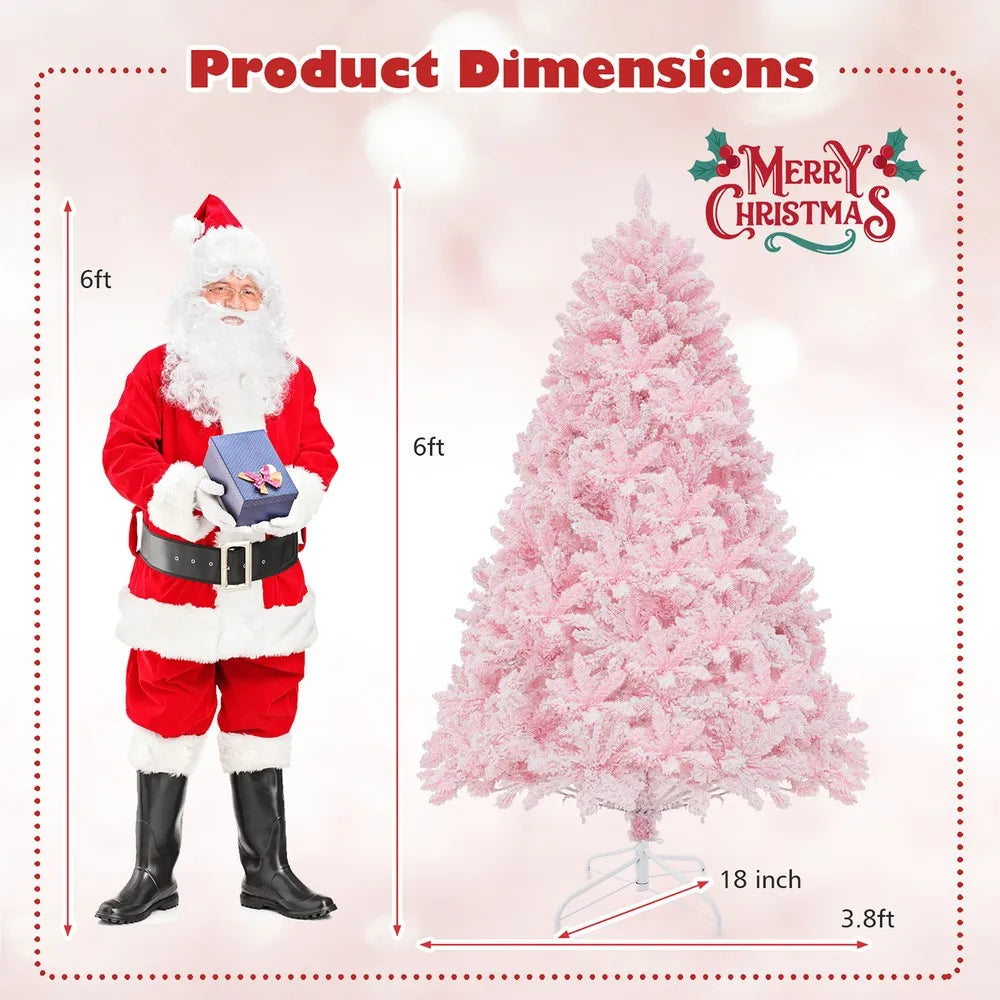 6FT Pink Artificial Christmas Tree Pre-lit Hinged Snow Flocked Tree