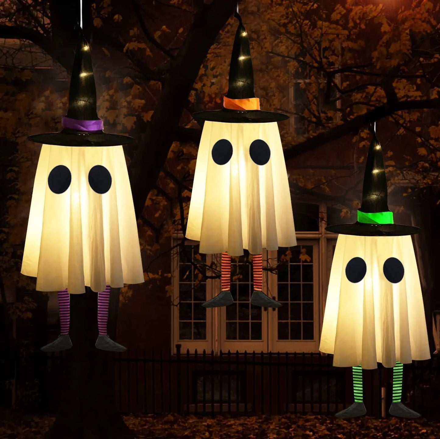 Halloween Hanging Ghosts, Halloween Decorations Outdoor Hanging Ghosts with Witch Hat for Yard Patio Garden Tree Outside