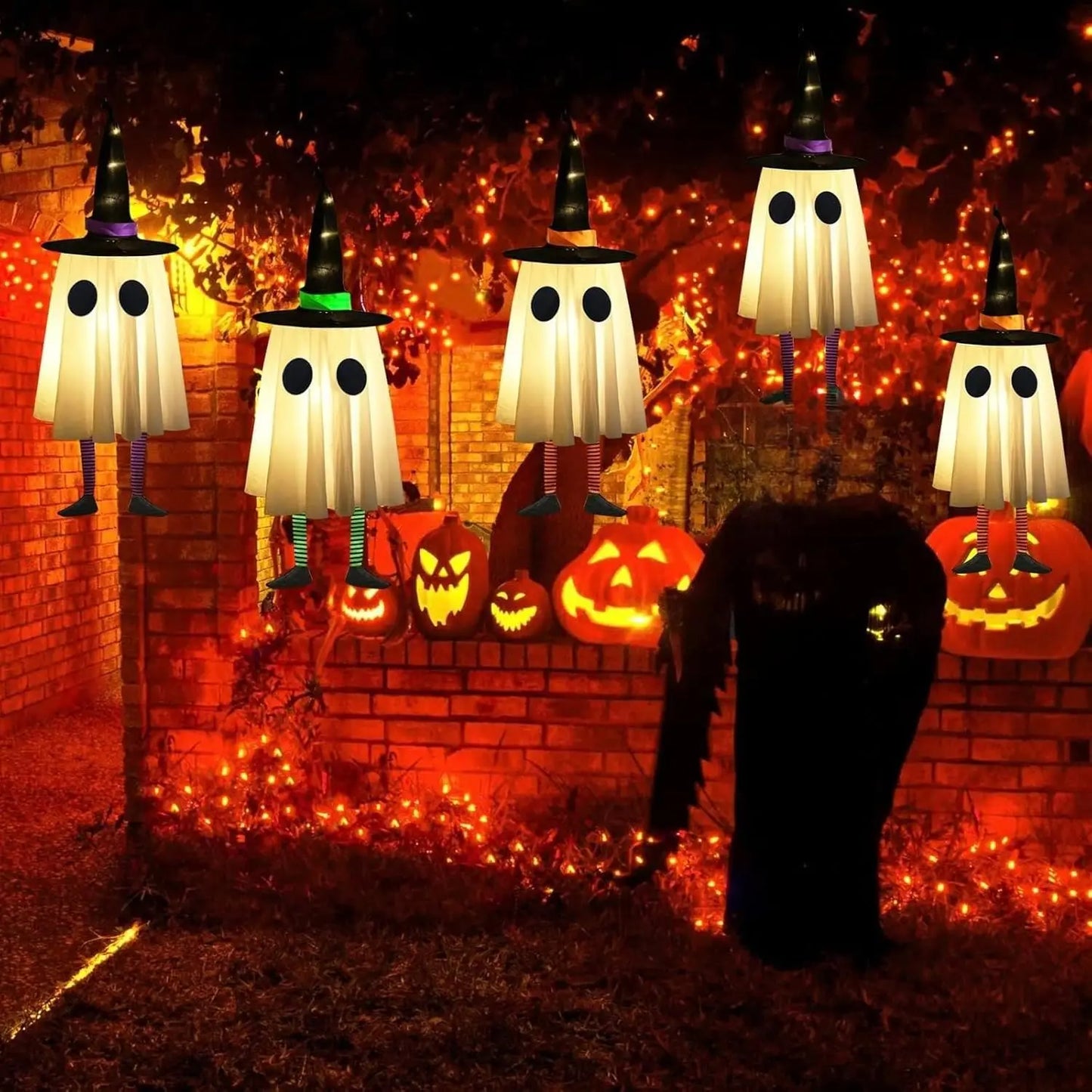 Halloween Hanging Ghosts, Halloween Decorations Outdoor Hanging Ghosts with Witch Hat for Yard Patio Garden Tree Outside