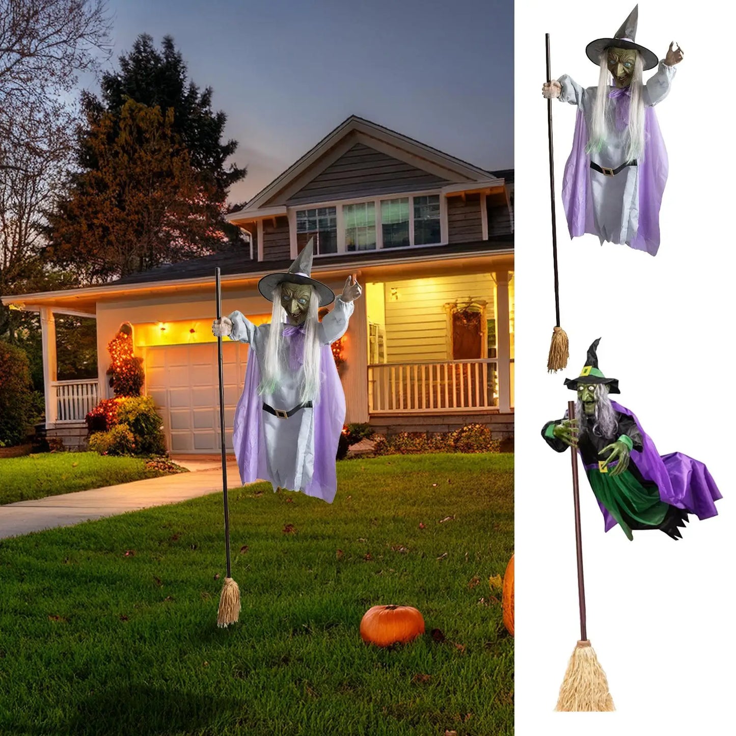 Flying Witch Decorations with Luminous Eyes Halloween Flying Witch on Broom Decor Animatronic Flying Witch for Indoor Outdoor