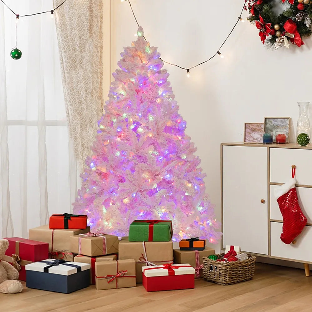 6FT Pink Artificial Christmas Tree Pre-lit Hinged Snow Flocked Tree