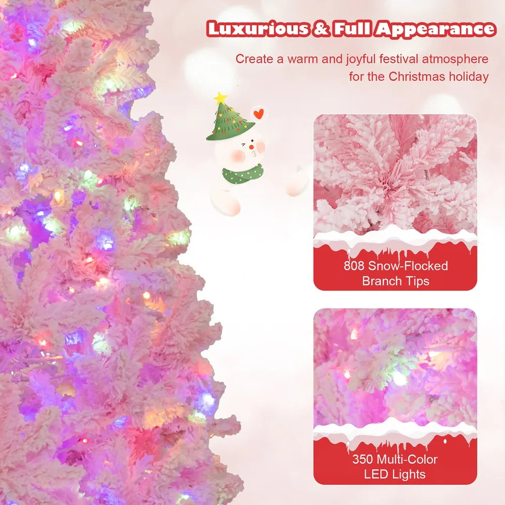 6FT Pink Artificial Christmas Tree Pre-lit Hinged Snow Flocked Tree