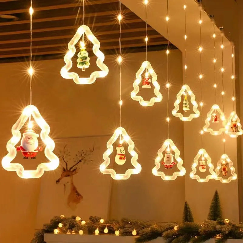 Christmas Lights String Star Santa Claus Curtain Light USB Plug Holiday Party Garland Lamp For Home Bedroom Window Decoration