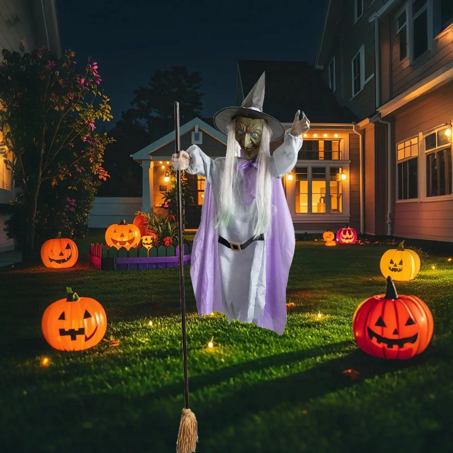 Flying Witch Decorations with Luminous Eyes Halloween Flying Witch on Broom Decor Animatronic Flying Witch for Indoor Outdoor