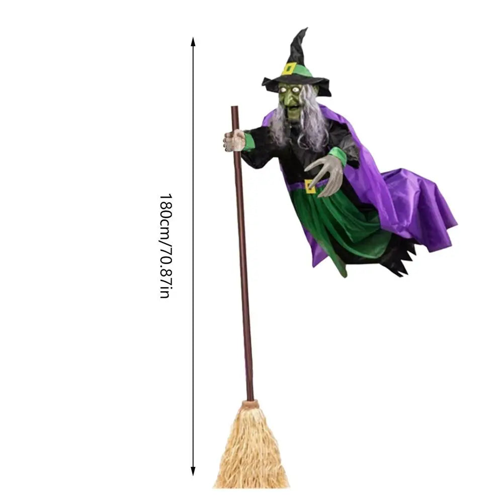 Flying Witch Decorations with Luminous Eyes Halloween Flying Witch on Broom Decor Animatronic Flying Witch for Indoor Outdoor