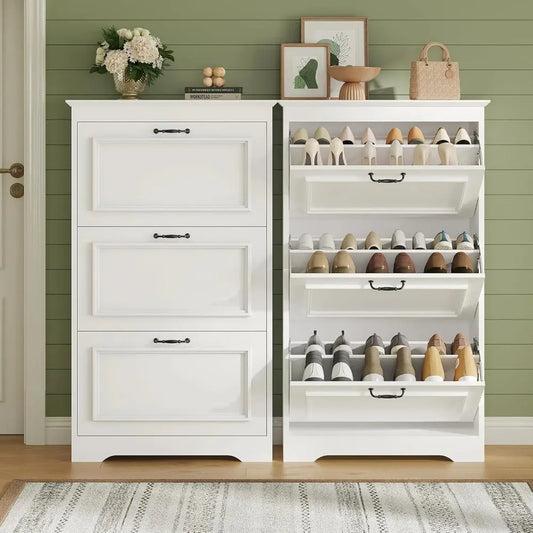 PCS Shoe Cabinet with 3 Flip Drawers, Shoe Storage Cabinet with Metal Flip Stand, Back Dust Plate, Hidden Shoe Rack Cabinet, Fre