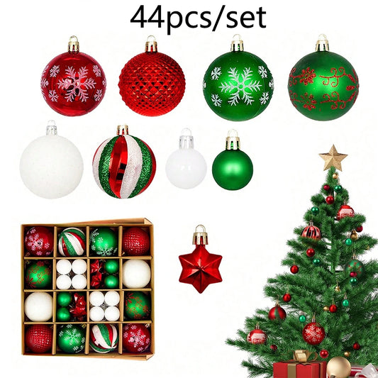 44pcs Christmas tree hanging balls red, green and white glittering Christmas decorations Christmas ball painted ornaments