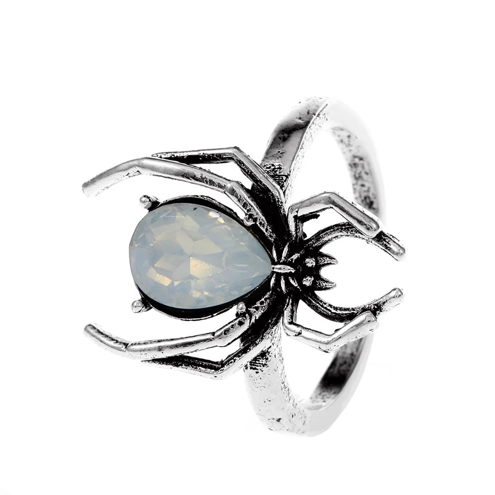 Gothic Punk Spider Rings For Women Men Vintage Insect Animal Ring Crystal Stone Opening Ring Halloween Party Jewelry Gift