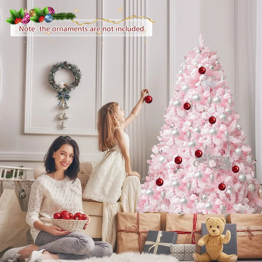 6FT Pink Artificial Christmas Tree Pre-lit Hinged Snow Flocked Tree