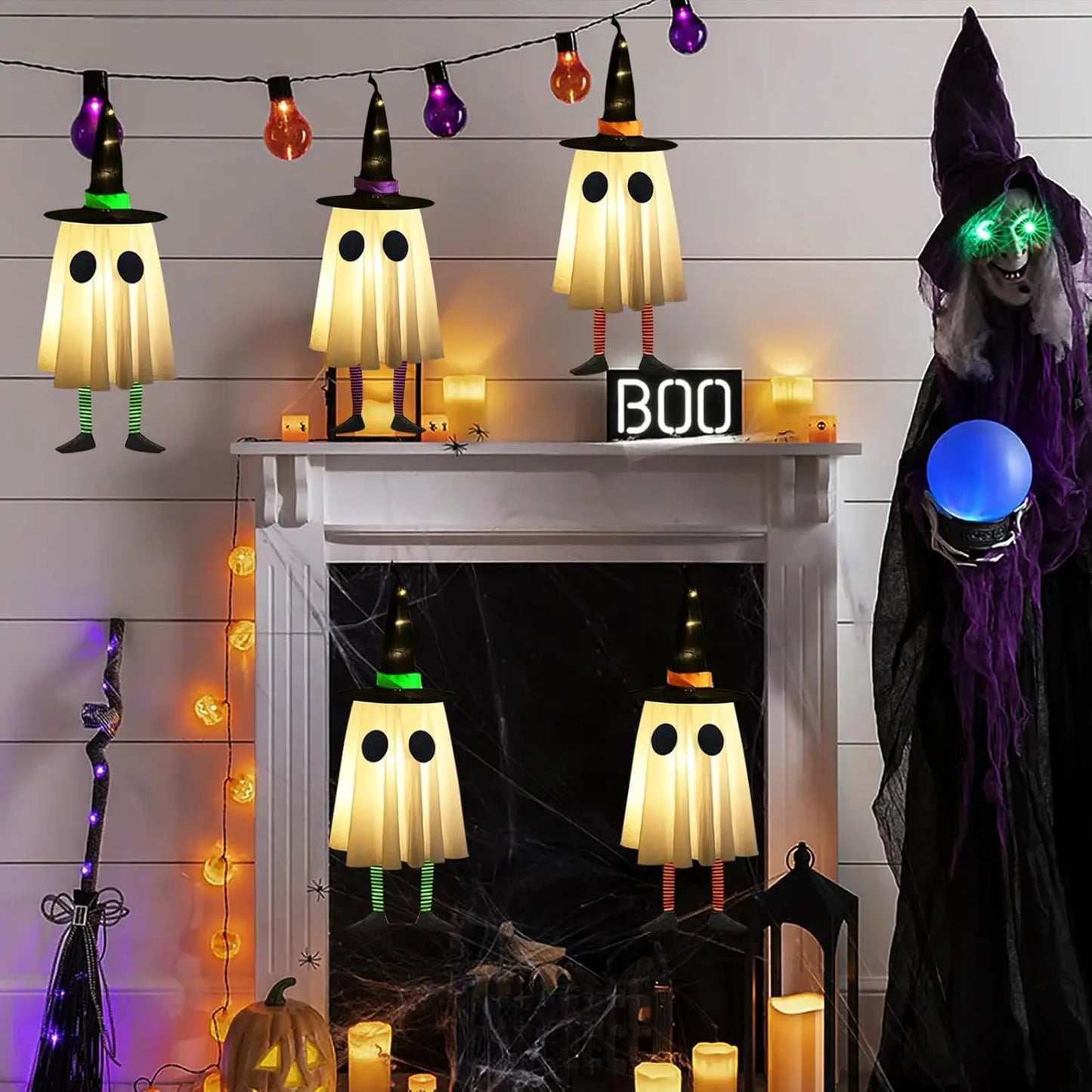 Halloween Hanging Ghosts, Halloween Decorations Outdoor Hanging Ghosts with Witch Hat for Yard Patio Garden Tree Outside