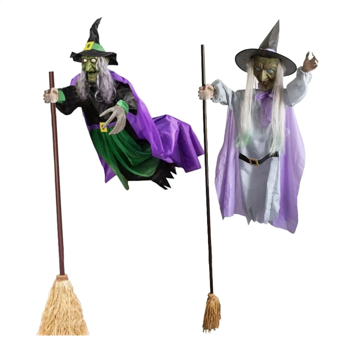Flying Witch Decorations with Luminous Eyes Halloween Flying Witch on Broom Decor Animatronic Flying Witch for Indoor Outdoor